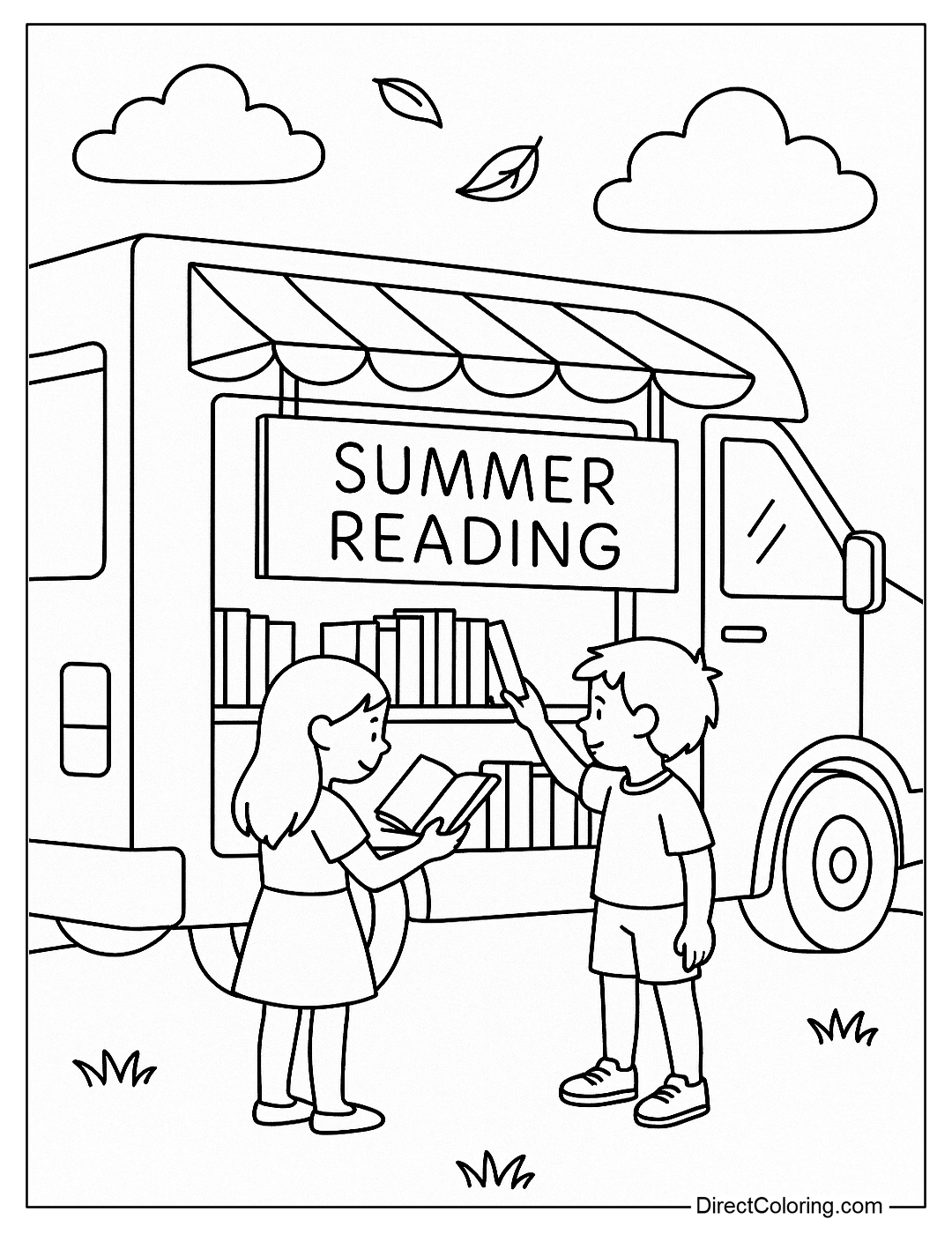Summer reading coloring page with mobile book cart, hanging the sign 